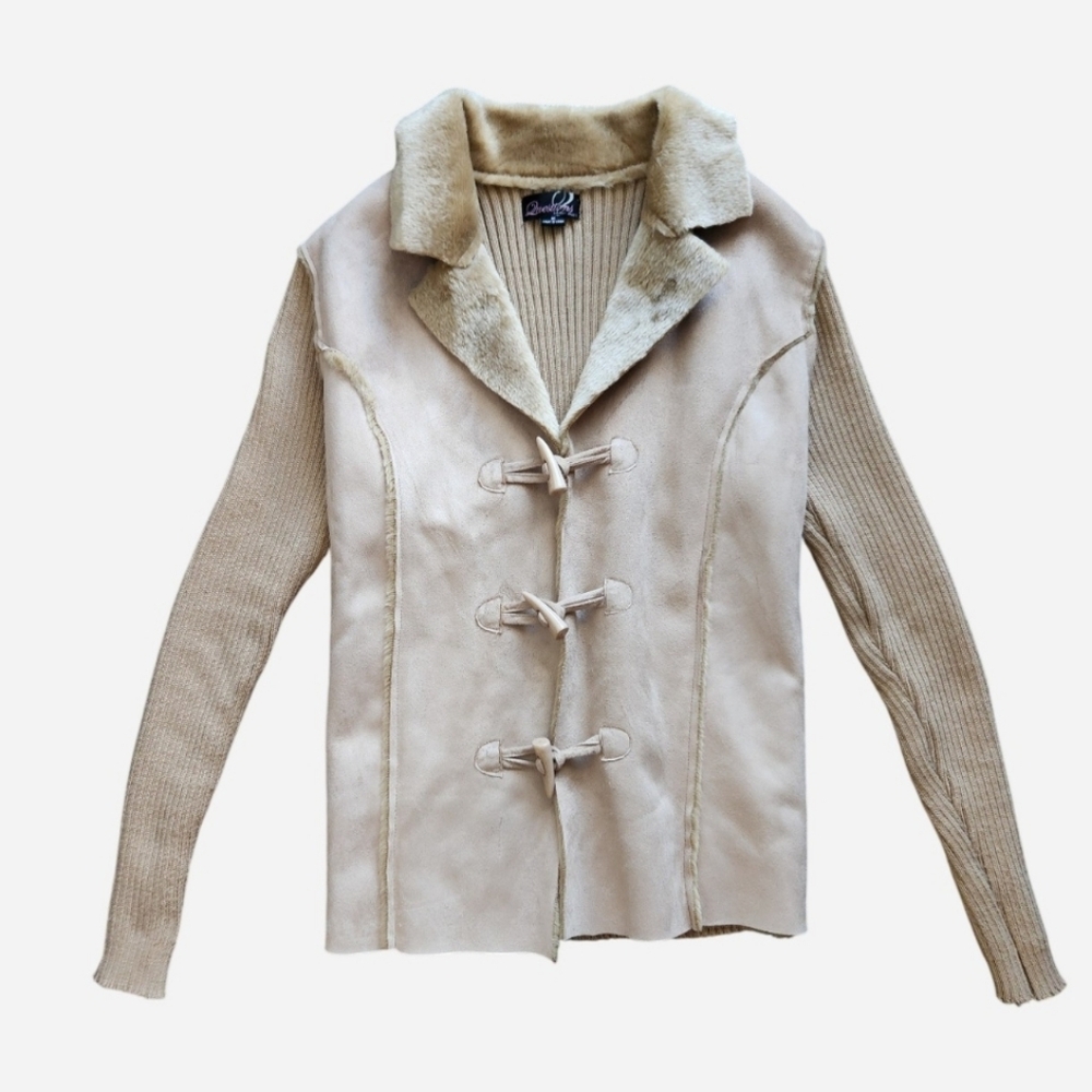 Vintage Say What Questions Y2K Jacket Faux Suede Ribbed Knit Horn Toggle Button